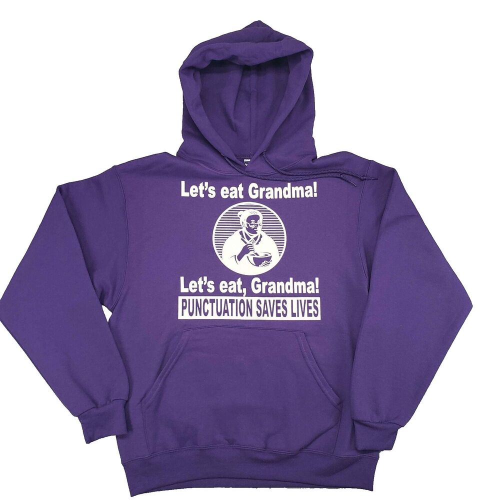 Lets Eat Grandma Humor Hoodie Mens Medium Purple‎ White Graphic Funny Edgy Teen